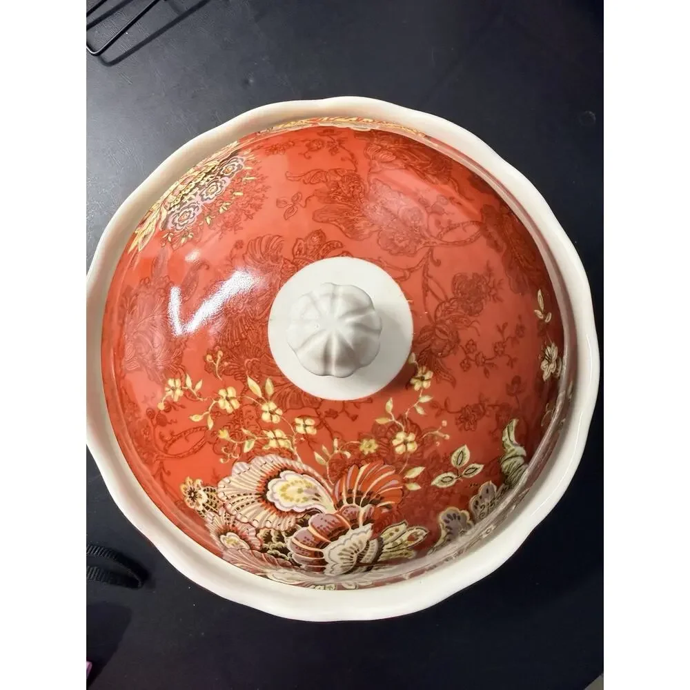 222 Fifth Gabrielle Red Paisley Covered Vegetable Serving Bowl w Lid